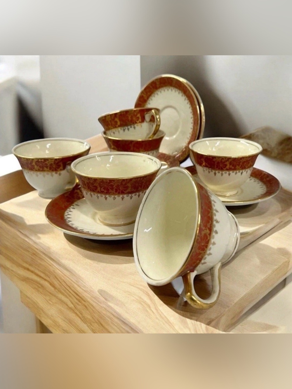 Vintage Taylor Smith & Taylor TS&T Red Gold Floral Tea Cups Saucers Set of 6